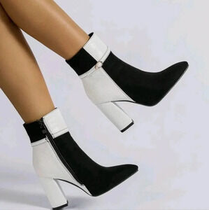 New Fashion Women Pointed Toe Chunky Heel Short Boots Elegant Patchw